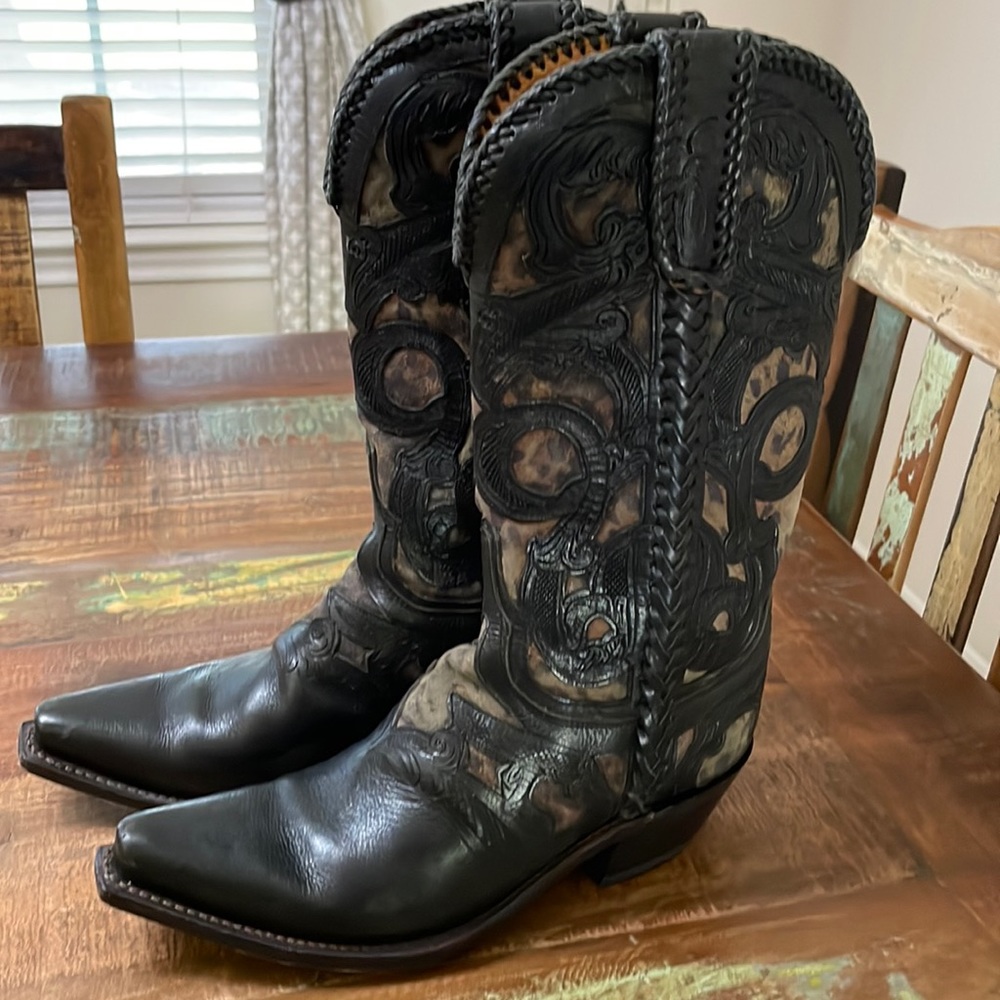 Lucchese Snip Toe Boots. Black Tooled with muted Leopard underlay.